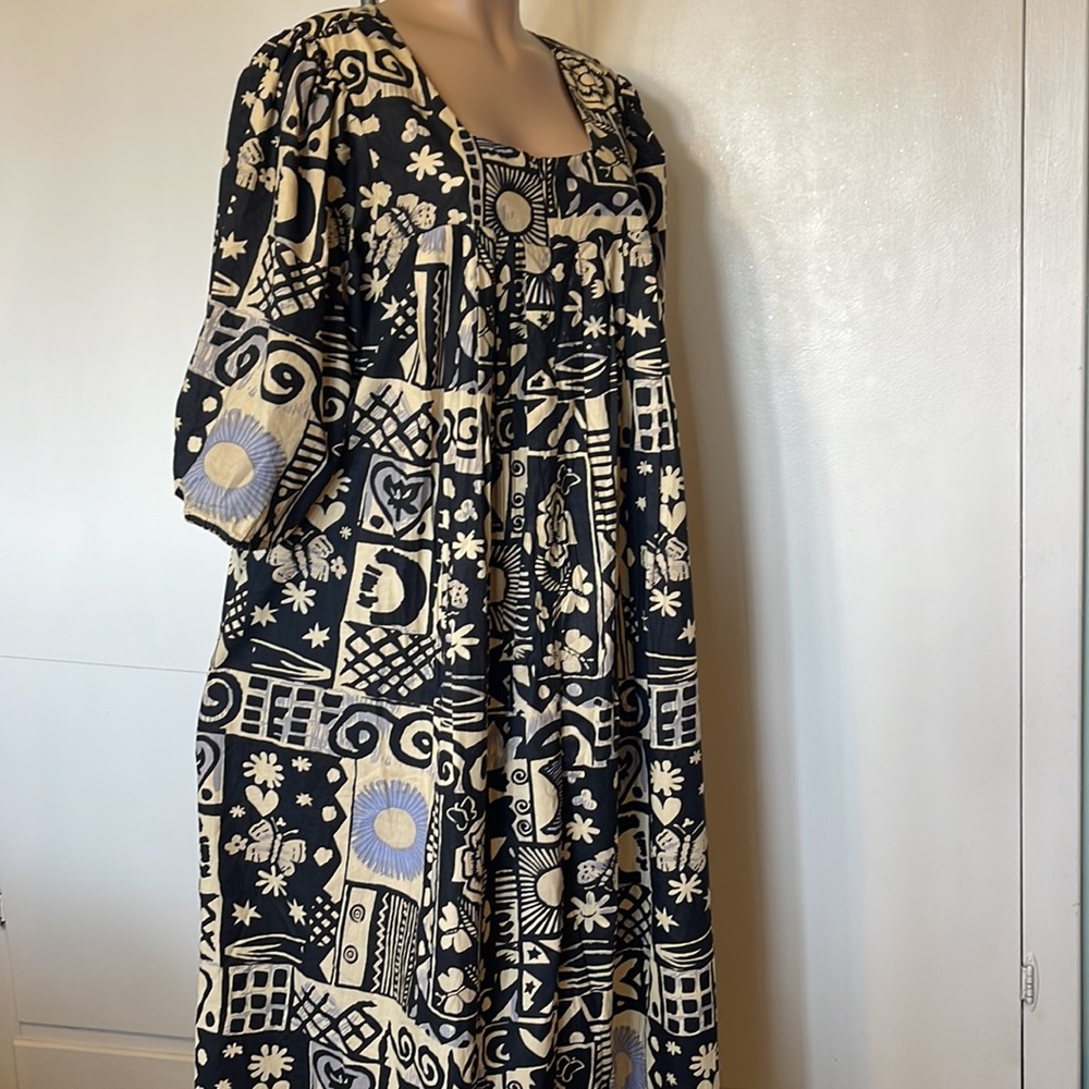 COMFORT CHOICE 💯% cotton LONG Black & Cream Patterned w Pockets Women's DRESS L